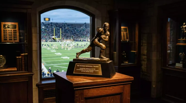 Trofeo Heisman dorado sobre un pedestal con un campo de fútbol americano universitario de fondo