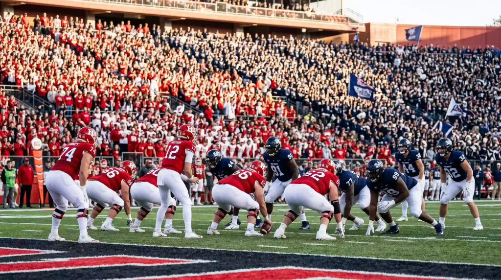 Dos equipos universitarios de fútbol americano enfrentados en la línea de scrimmage durante un partido de rivalidad con el estadio lleno