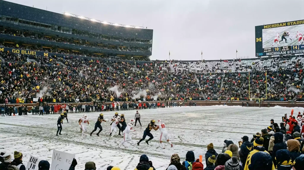 Estadio de la Big Ten cubierto de nieve con jugadores de fútbol americano universitario en el campo durante un partido invernal