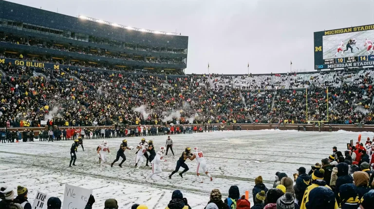 Estadio de la Big Ten cubierto de nieve con jugadores de fútbol americano universitario en el campo durante un partido invernal