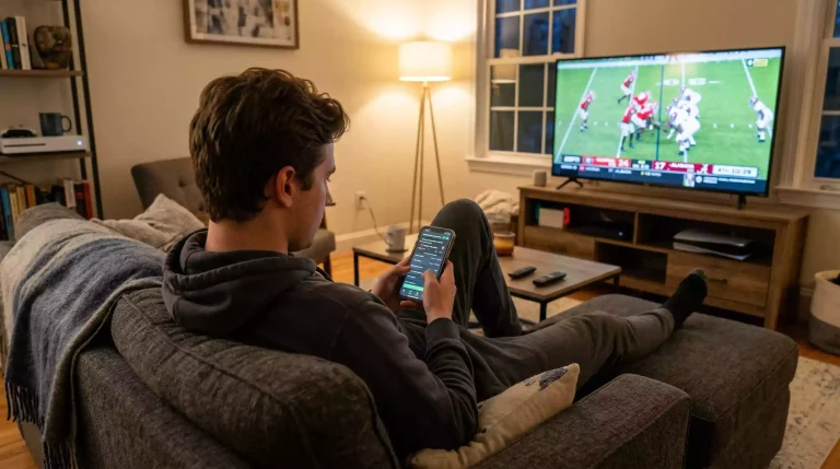 Persona joven sentada en un sofá con un teléfono móvil mostrando una app de apuestas y un partido universitario en la televisión