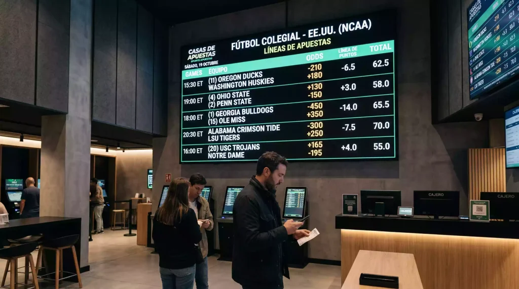 Pantalla de sportsbook mostrando cuotas y líneas de apuestas de fútbol americano universitario con formato americano
