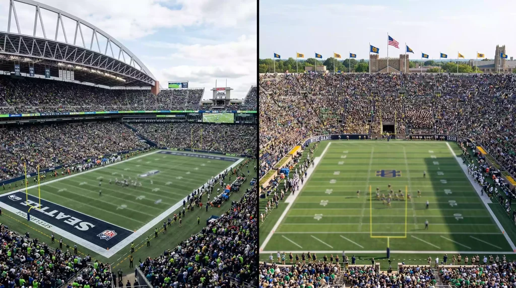 Campo de fútbol americano dividido entre un estadio profesional de la NFL y un estadio universitario con gradas llenas