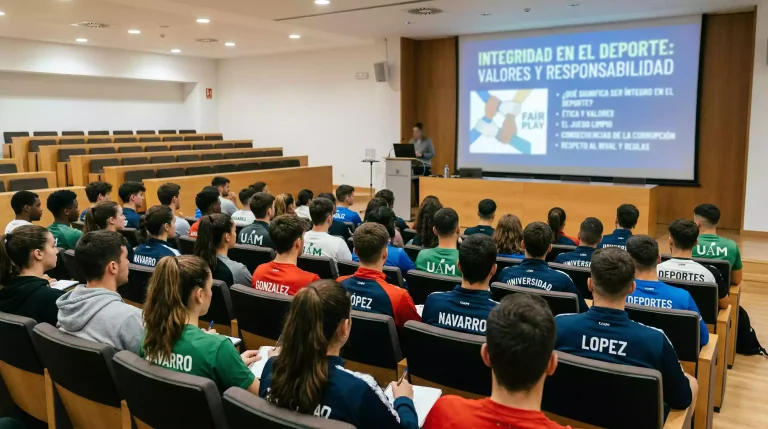 Grupo de estudiantes-atletas universitarios en un aula asistiendo a una sesión educativa sobre integridad deportiva