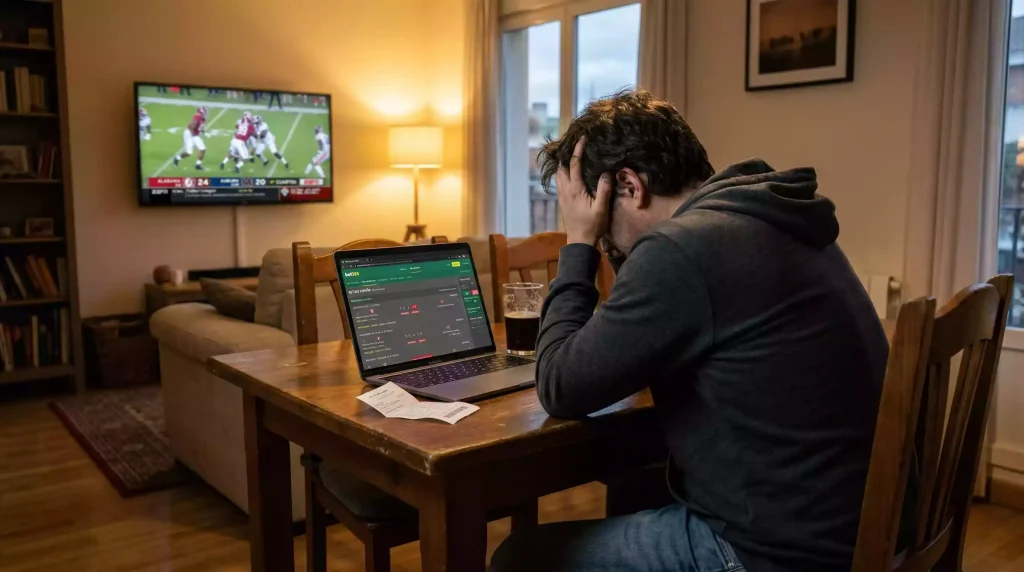 Persona frustrada frente a un portátil con un partido de fútbol americano universitario en la pantalla de televisión de fondo