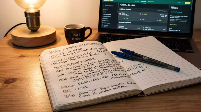 Libreta de notas con anotaciones de gestión de bankroll y un bolígrafo sobre un escritorio junto a un portátil con apuestas deportivas