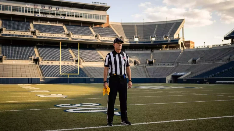Manos de un árbitro de fútbol americano sosteniendo un silbato en un estadio universitario vacío