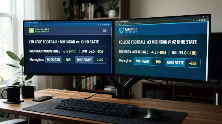 Dos pantallas de ordenador mostrando cuotas de diferentes sportsbooks para el mismo partido de fútbol americano universitario