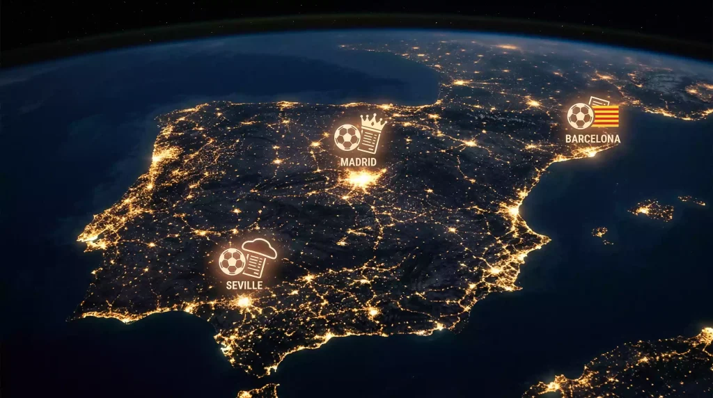 Mapa de España iluminado con iconos de apuestas deportivas online superpuestos sobre las principales ciudades