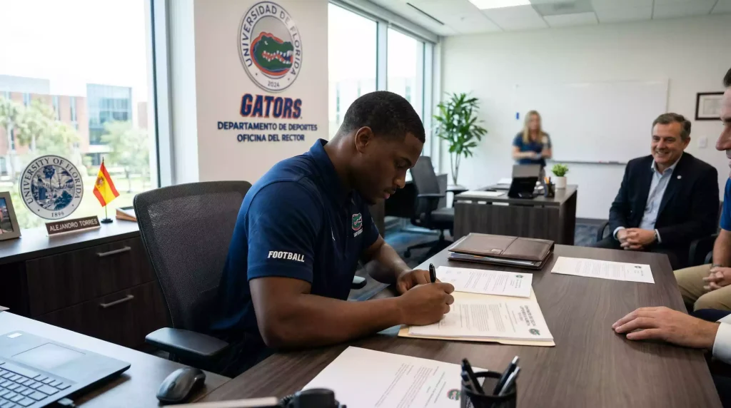 Jugador de fútbol americano universitario firmando un contrato en un escritorio con el logo de su universidad de fondo