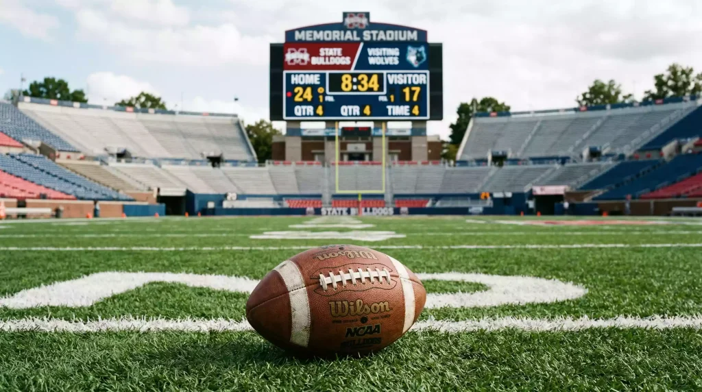 Balón de fútbol americano sobre un campo universitario con marcador electrónico mostrando puntos totales de un partido