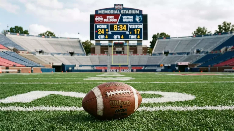 Balón de fútbol americano sobre un campo universitario con marcador electrónico mostrando puntos totales de un partido