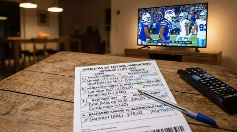 Boleto de apuesta deportiva con múltiples selecciones sobre una mesa junto a un partido de fútbol americano universitario en televisión