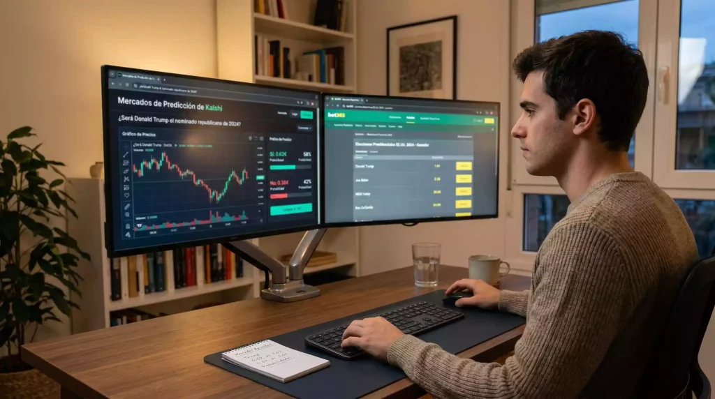 Pantalla de ordenador mostrando gráficos de mercado de predicción junto a una pantalla de sportsbook tradicional