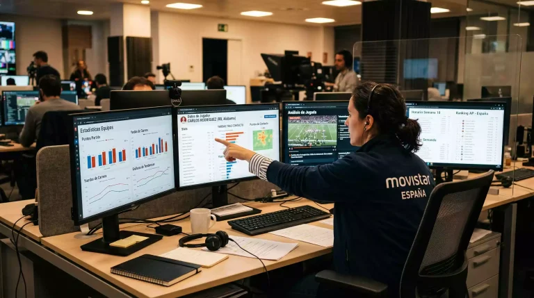 Analista deportivo revisando estadísticas de equipos de fútbol americano universitario en múltiples monitores