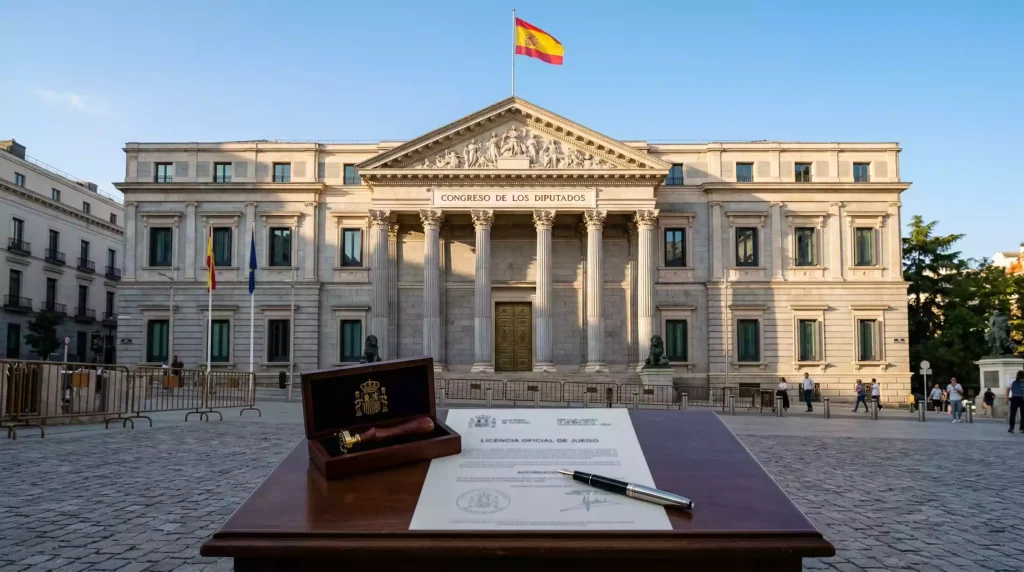 Edificio institucional en Madrid con la bandera de España y un documento oficial de licencia de juego sobre una mesa