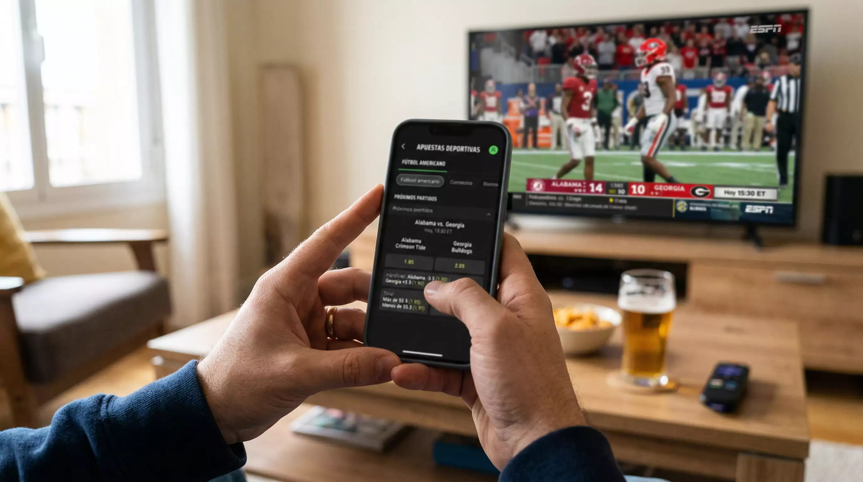 Pantalla de un sportsbook mostrando diferentes tipos de apuestas disponibles para un partido de futbol americano universitario